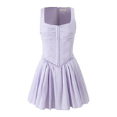 French Sleeveless Breasted Dress Sweet Spicy Slim Solid Color A line Pleated Dress